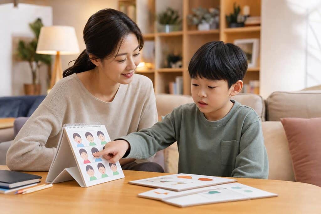고기능 자폐 아동과 부모가 CBT 기법을 적용하는 모습