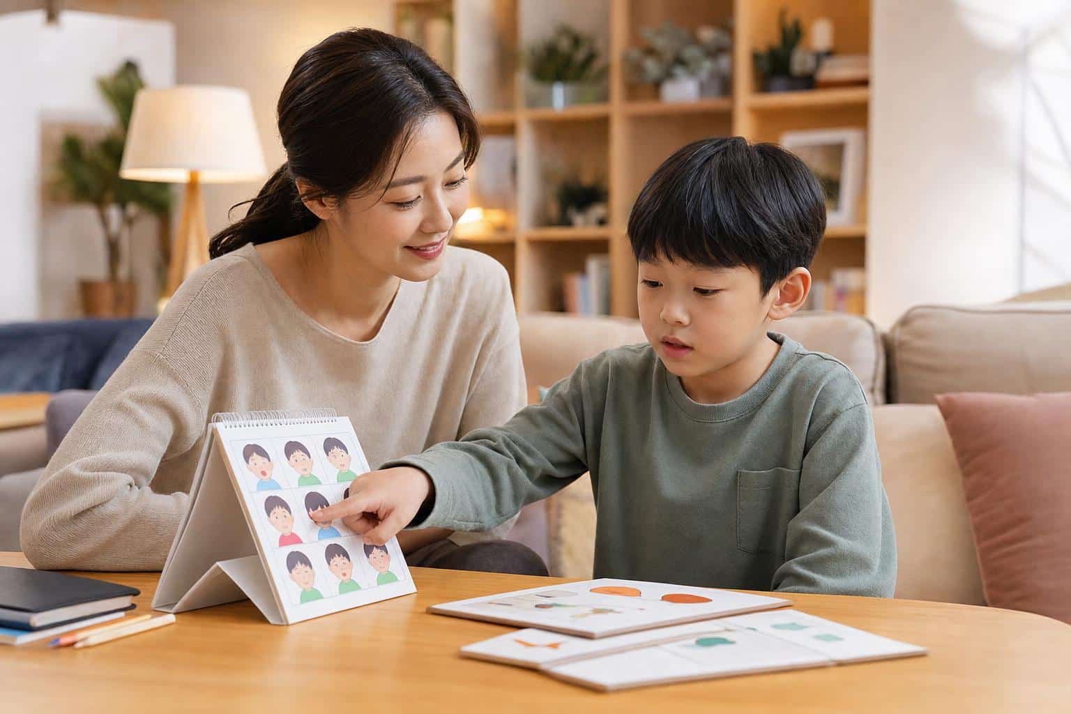고기능 자폐 아동과 부모가 CBT 기법을 적용하는 모습