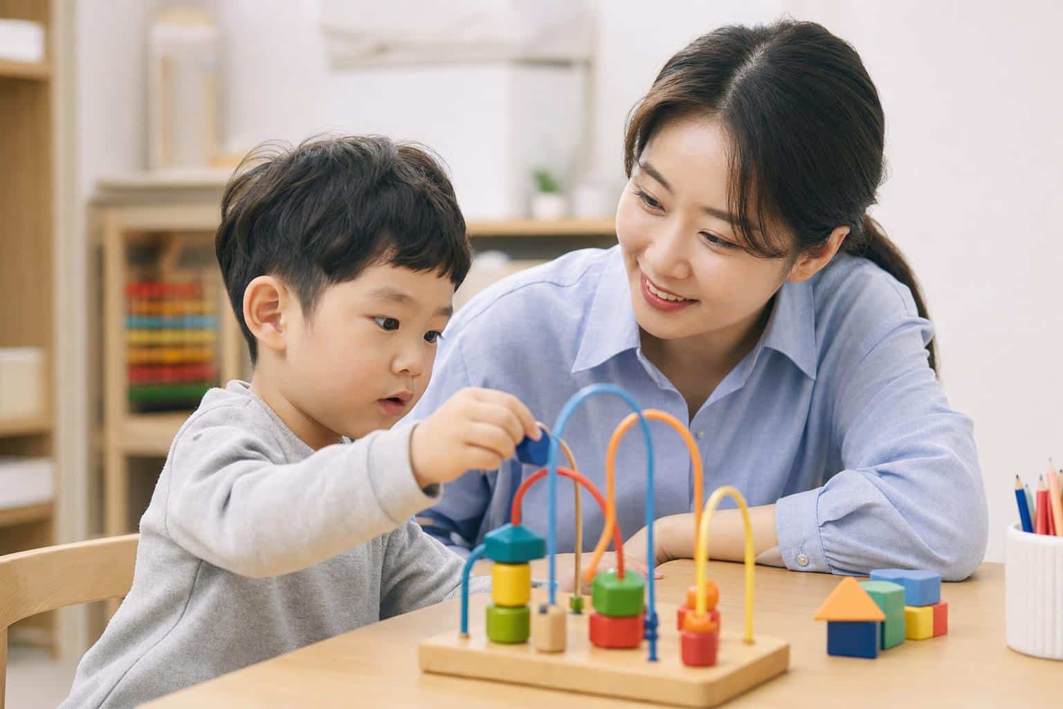 자폐 아동이 ABA 치료사와 함께 놀이를 즐기는 모습